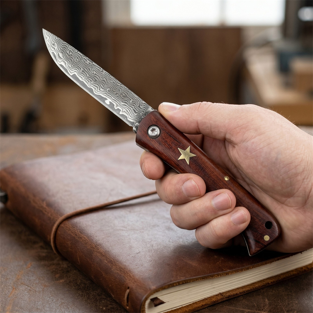 Edc Fixed Blade Deep Carry - Kompaktes Outdoor-Überlebensmesser aus Damaszenerstahl mit Rosenholzgriff